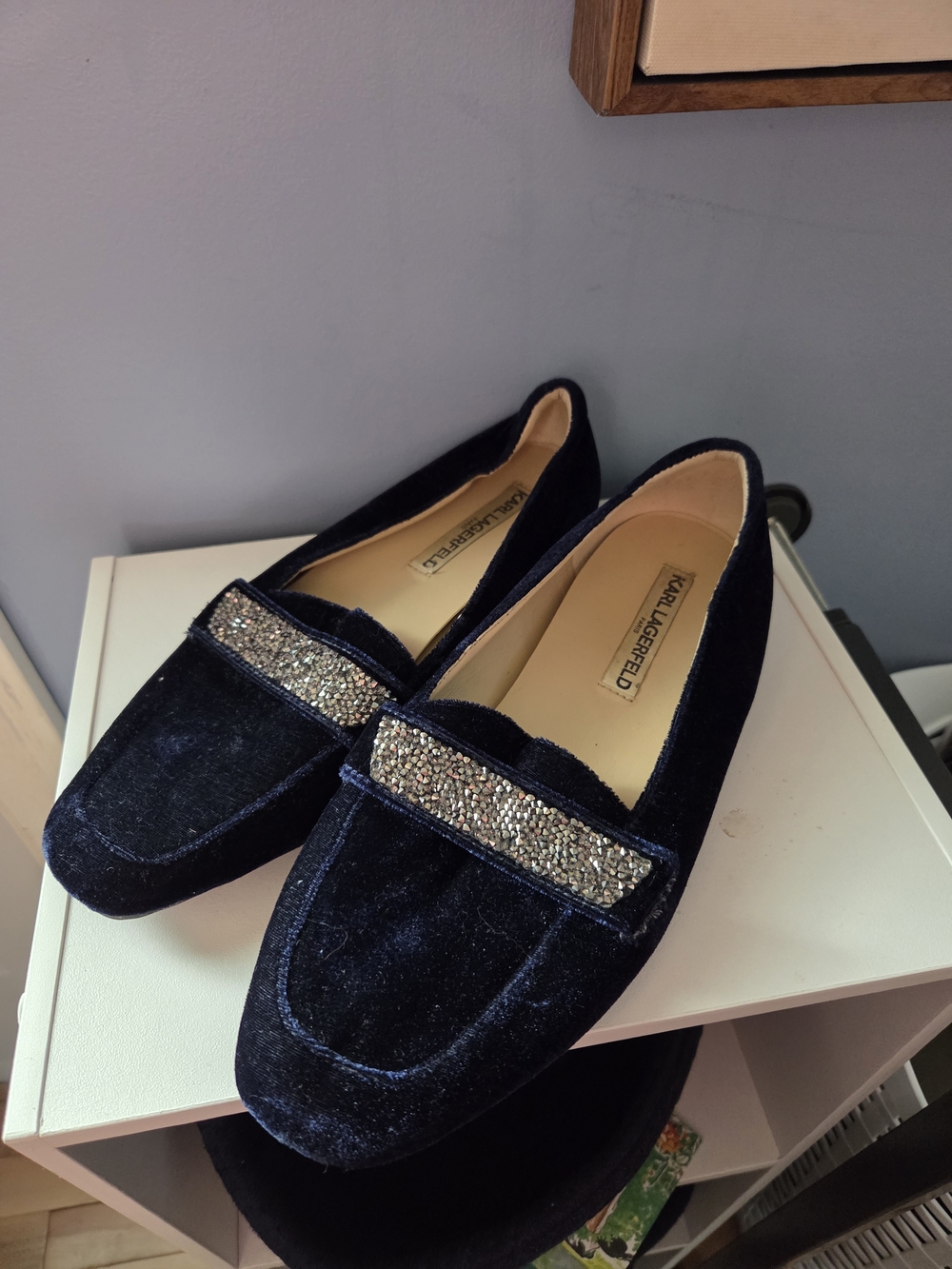 Karl Lagerfeld Navy Velvet Crystal-Trim Loafers